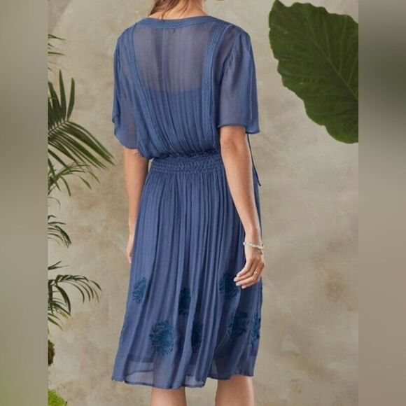 Sundance Led By Dreams Dress Blue Embroidered Floral Sheer XL Boho Old Money - Picture 3 of 12